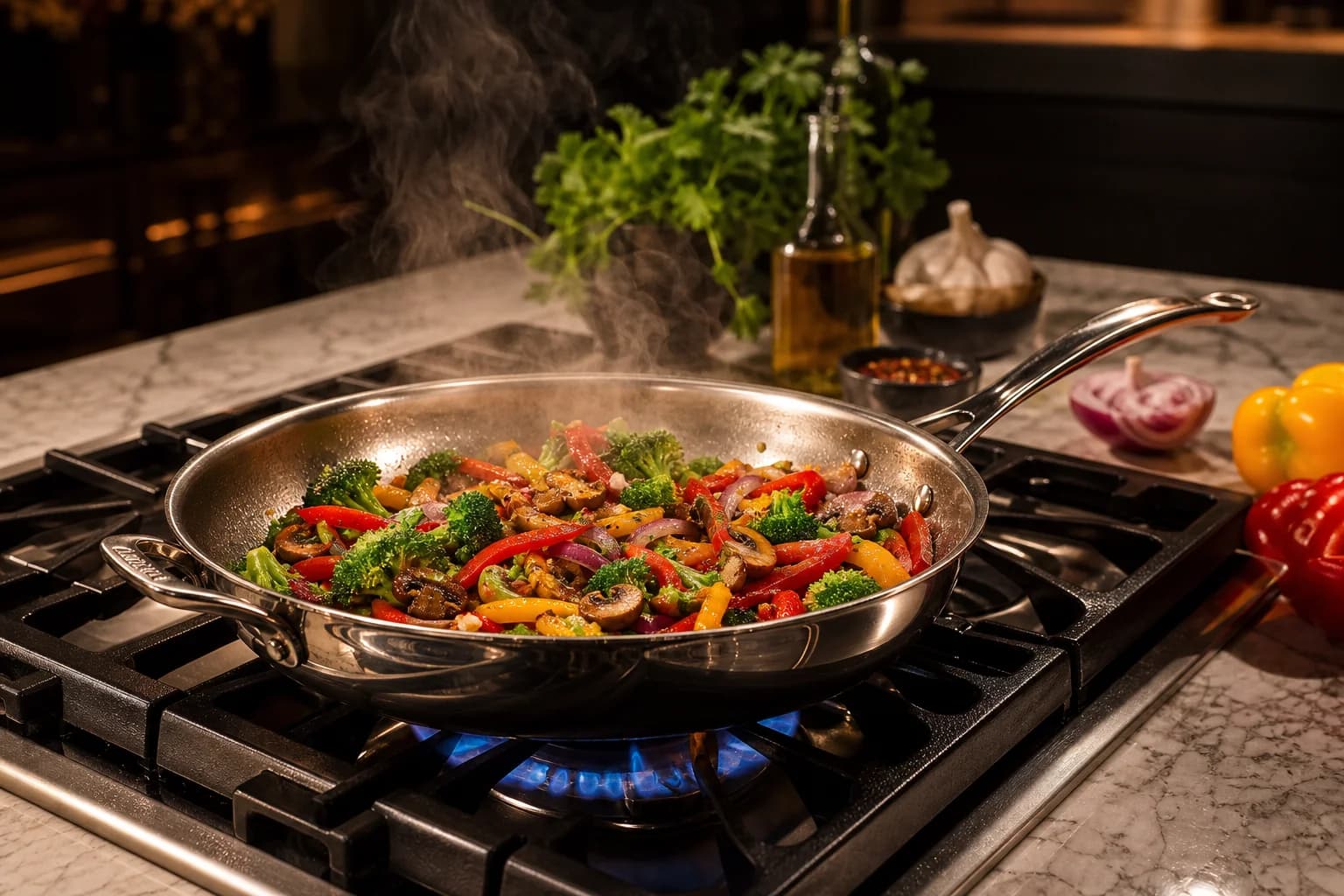 Professional kitchen cookware in action